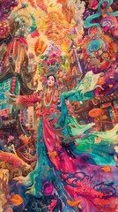 Illustrate a colorful traditional festival scene emerging from vibrant graffiti in a vivid watercolor painting Show the transformation with intricate details and rich hues, using a low-angle view to e