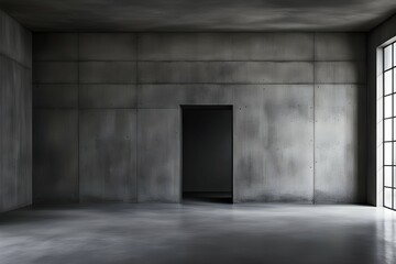 A large, empty room with a black door