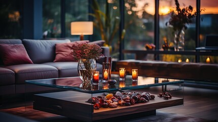 Candles and dates on the table in the living room at sunset