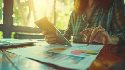 Photo Sales Manager Working Modern Studio.Woman Showing Market Reports Digital Tablet.Account Department Work New Startup Project.Researching Process Wood Table.Horintal.Burred Background.Film effect.