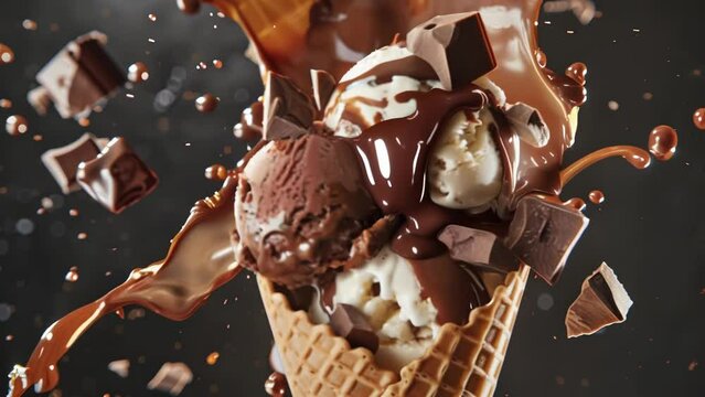Chocolate and vanilla ice cream scoops explode out of a waffle cone in a burst of indulgence. Chunks of chocolate and swirls of syrup add to the dynamic, mouthwatering treat.