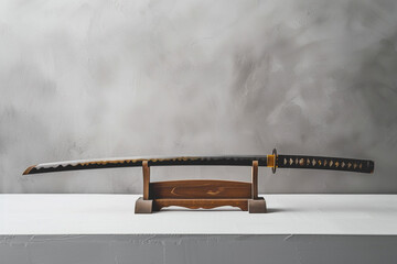 A samurai sword with a lacquered scabbard, standing on a white surface.