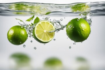 'limes falling water splash isolated white background lime splashing breakfast bright citrous colours cut design diet drink dripped droplet eating element expression flowing food fruit health healthy'
