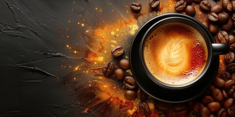 Coffee Cup With Coffee Beans On Dark Background With Golden Sparks