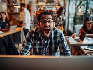 The man shouting at the computer in the office