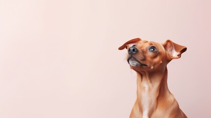 A cute dog gazing upwards, captured against a plain, light-colored background with significant copy space, suitable for pet adoption campaigns or educational pet care materials.