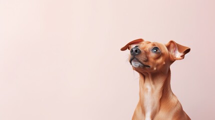 A cute dog gazing upwards, captured against a plain, light-colored background with significant copy...