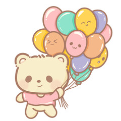 Handdrawn illustration Cute kawaii yellow teddy bear holding a bunch of colorful balloons clipart fun amusement park pastel color greeting card birthday invitation