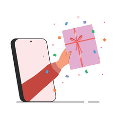 Mobile app on screen with hand holding gift box. Delivery service concept for banner. Smartphone Screen Holding Gift Box.