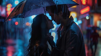 Produce a striking scene of a romantic narrative with unexpected camera angles, capturing a tender moment between two characters amidst a rain-soaked urban setting, emphasizing raw emotion and vulnera
