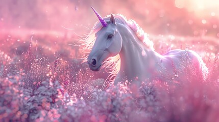 Obraz na płótnie Canvas Illustrate a serene Unicorn in soft watercolor, its iridescent mane flowing in a dreamy pastel atmosphere, seen through an unexpected worms eye view
