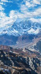 Panoramic view of the snowy mountains in Upper Mustang, Annapurna Nature Reserve, trekking route, Nepal