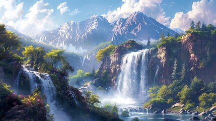 Illustrate a breathtaking scene of a waterfall cascading down rugged cliffs, enveloped in a soft mist that hints at the harmony between natures power and tranquility in impressionistic tones