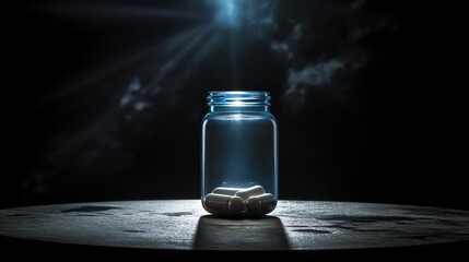 A dramatic scene of a single drug capsule highlighted under a spotlight against a dark, moody...