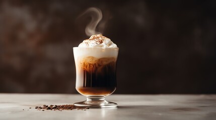 A photo of an Irish coffee in a glass with whipped cream on top.