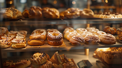 Delicious loaves of bread in a german baker shop. Different types of bread loaves on bakery shelves.