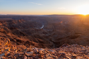 Landscape shot of the sunset over the Fish River Canyon in Southern Namibia.
