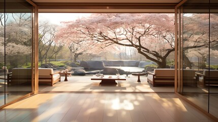 A photo of a cherry blossom tree in a Japanese garden.