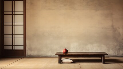 A wooden bench sits in a room with a dirt wall and a paper window