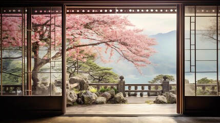 Fototapeta premium A photo of a cherry blossom tree in a Japanese garden.
