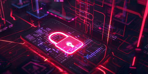 3D render of a glowing padlock icon on a large smartphone in a cyberpunk dark room, generative AI