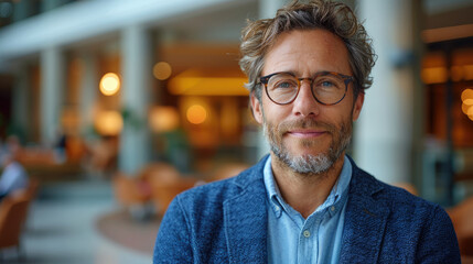 Obraz premium Friendly male businessman in casual blue blazer and glasses smiling friendly in modern office space with blurry background
