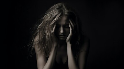 A beautiful blonde woman with long hair holding her head in pain. She is wearing a black dress and is sitting in a dark room. - Powered by Adobe