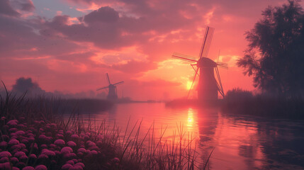 The windmills are turning and behind them is the setting sun - obrazy, fototapety, plakaty