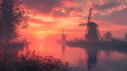 The windmills are turning and behind them is the setting sun - obrazy, fototapety, plakaty