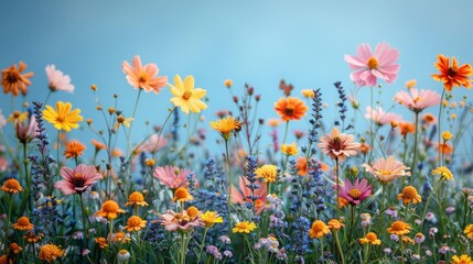 A colorful field of various wildflowers in full bloom against a bright blue sky, conveying freshness and natural beauty. - obrazy, fototapety, plakaty