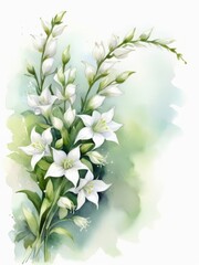Watercolor clip art with  bouquet of white  bell flowers on light background with copy space for greeting card