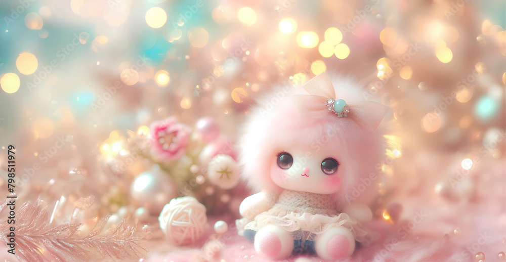 Wall mural Baby cute fluffy doll flower and bokeh background, content space