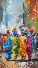 Capture the vibrant essence of a cultural festival in a vivid acrylic painting, seen from a dynamic side view perspective This artwork should transport viewers into the heart of the celebration, blend