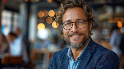 Obraz premium Friendly male businessman in casual blue blazer and glasses smiling friendly in modern office space with blurry background