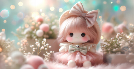 Fototapeta premium Baby cute fluffy doll flower and bokeh background, content space