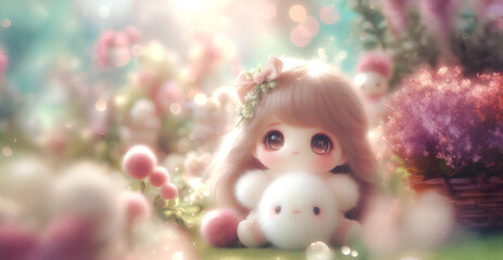 Baby cute fluffy doll flower and bokeh background, content space