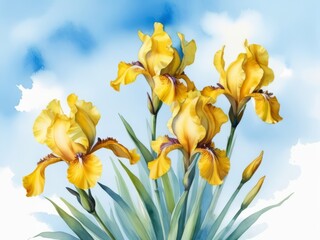 Fototapeta premium Bouquet of yellow irises on the sky blue background. Watercolor painting, illustration, clip art