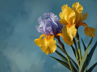 Bouquet of yellow irises on the sky blue background. Oil painting, illustration, clip art - obrazy, fototapety, plakaty