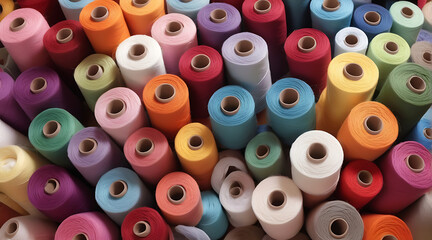 Thread rolls filled in seamless background with colorful cotton threads of all colors, wide perspective wallpaper style, threads