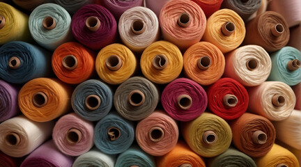 Thread rolls filled in seamless background with colorful cotton threads of all colors, wide perspective wallpaper style, aligned