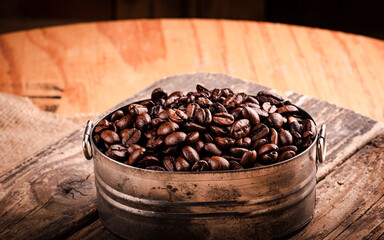 coffee beans in a wooden table