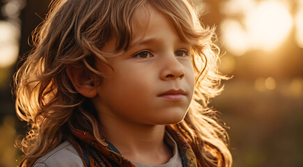 Close Portrait of a hippie boy kid with golden hour in theme sunlight, hippy child with long hair, sun set