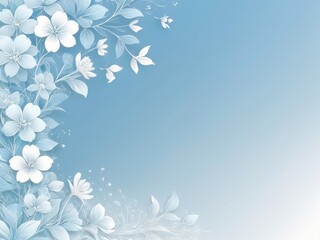 Pastel blue delicate gradient background with white flowers around the borders, a lot of copy space, template for designs