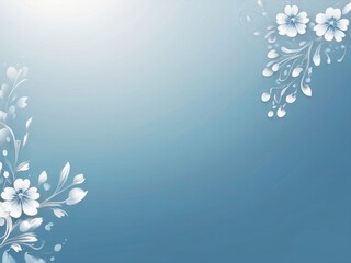 Pastel blue delicate gradient background with white flowers around the borders, a lot of copy space, template for designs