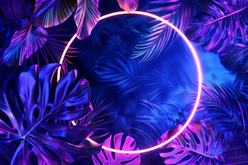 Vibrant neon blue and purple tropical palm leaves and plants, neon circle frame, abstract banner, background - obrazy, fototapety, plakaty