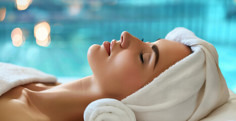 Young woman lying in spa salon and relaxing. Spa treatment concept. - obrazy, fototapety, plakaty