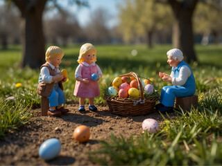 Toy diorama of grandmother and granddaughter collecting Easter eggs