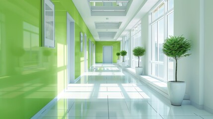 Obraz premium Building interior with bright modern empty white hallway with green walls.