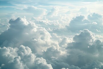 High-Altitude Sky Panorama: Stunning Cloudy View on Plane with Clear Summer Sky and Serene Weather Patterns