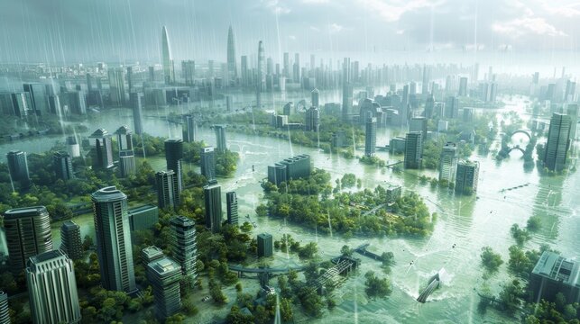 Futuristic Flood Management Infrastructure: Elevated Water Channels, Flood Barriers, Diverting Swollen River Waters in City